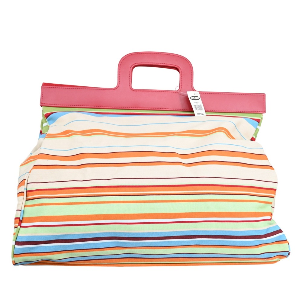 NWT Old Navy Striped Canvas Tote Bag Red Top Handle Multicolor Beach Bag NWT